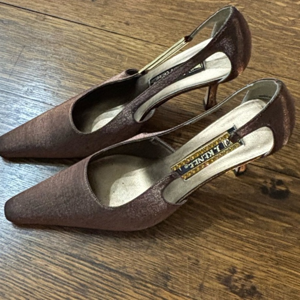 VTG J. Renee' Couture Iredescent Bronze D'orsay Rhinestone Leather Heels✨️7.5N